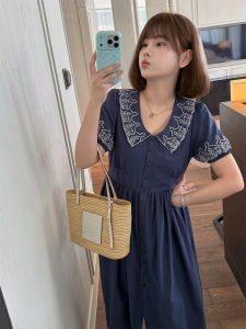 MASISI | Embroidered French Collar Waist-Cinching Shirt Dress