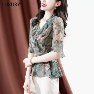 LUXURY Queen High End Womens Silk Blouse Womens 2023 Summer New Short Sleeve Fashion Age Reducing Fragmented Hangzhou Silk Top
