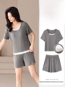 MiiOW | ชุดนอนผ้าไหมน้ำแข็งฤดูร้อนสำหรับผู้หญิง 2025 ใหม่พร้อมแผ่นรองหน้าอก หลวมๆ ลำลอง ชุดนอนผ้าฝ้ายผสมโพลีเอสเตอร์ แขนสั้น คอกลม