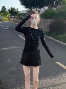 Spring & Fall New Arrival Pure Color Thin Long Sleeves T-Shirt Womens round Neck Stylish Niche Style Mid Length Long Length Silm Slim Looking Bottoming Shirt