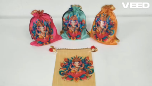 Krishna Yashoda Print Silk Potli Gift Bag with Drawstring Closure | Reusable Pooja Return Gift Pouch for Festivals Weddings & Favors (Pack of 1 Pc)