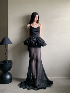 Váy Dài Xếp Ly Ren Cổ Treo Mùa Hè MOXI Váy Dài Xếp Ly Ren Không Tay Cạp Cao Thường Ngày Màu Trơn Polyester 100%