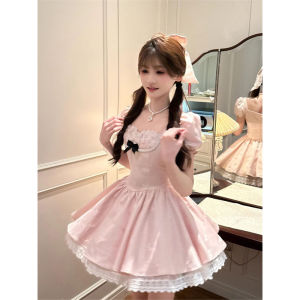 Váy Chữ a Màu Hồng Tay Bồng Cổ Vuông Cạp Cao Mùa Hè Cho Nữ Váy Midi Chữ a Dáng Rộng Cổ Điển Phong Cách Ngọt Ngào