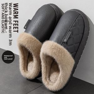 MONLEYTA | Waterproof Cotton Slippers Mens Thick Bottom Warm Anti-slip Indoor Home Shoes Autumn Winter Style Casual Leisure PU Upper