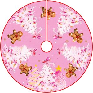 VIKAMA Round Pink Gingerbread Man Christmas Tree Skirt Indoor Outdoor Holiday Decor Christmas Tree Skirt Pad Christmas Decor