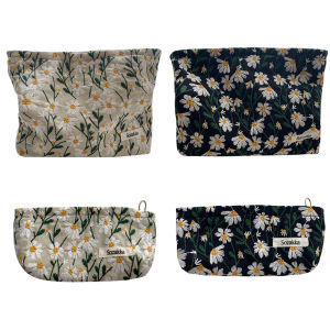 Travel Organizer Daisy Flower Embroidered Toiletry Case Compact Canvas Cosmetic Bag for Travel and Daily Use