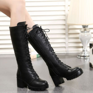Womens Martin Boots Spring Autumn High Heel over Knee Slimming Short Stature High Tube Boots Shoes Waterproof Platform Rubber Sole