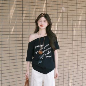 VKSOD | Korean Fashion Letter Print Asymmetrical Shoulder Short Sleeve T-Shirt Womens Summer High Waist Loose Wide Leg Pants Set