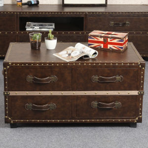 American-Style Loft Retro Living Room Coffee Table European-Style Nostalgic Antique 4-Drawer Leather Case Club Hotel Company Coffee Tea Table