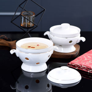 Hotel Ceramic Tableware Slow Cooker Gold Thread Stew Pot with Stove Position Alcohol Heating Birds Nest Abalone Stew Pot Confinement Club