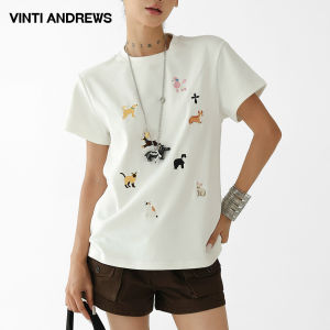 Vintage Fun Puppy Embroidery Versatile Womens Short Sleeve Tee
