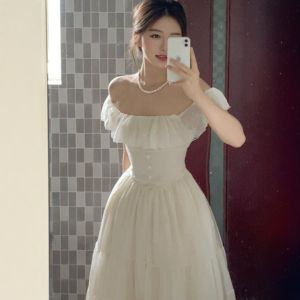 CHANGTONG | Off Shoulder Waist Cinching Dress