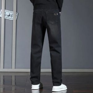 Mens Fleece Lined Thick Denim Jeans High Elastic Casual Straight Leg Work Pants Wear Resistant Business Gentleman Style Winter Warmth