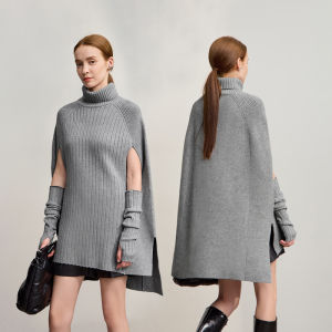 AMII | High Collar Sleeve Tube Split Hem Poncho-style Sweater