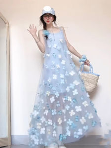 French Elegant Heavy Embellished 3D Flower Lace Strap A-Line Skirt Beach Vacation Birthday Party Dress Ultra Fairy