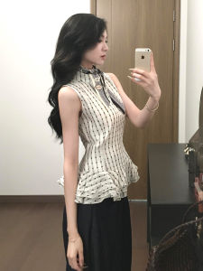 QINWEIYU | French Style Sweet Little Lady Sleeveless Shirt Women Summer Beautiful Waist-Cut Lace Hem Top Round Neck Polyester Fiber