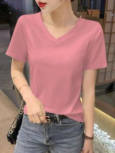 Pink Loose V-Neck Short Sleeve T-Shirt Women Summer 2025 New Cotton Blend Simple Versatile Solid Color Half Sleeve Top Pocket Handkerchief