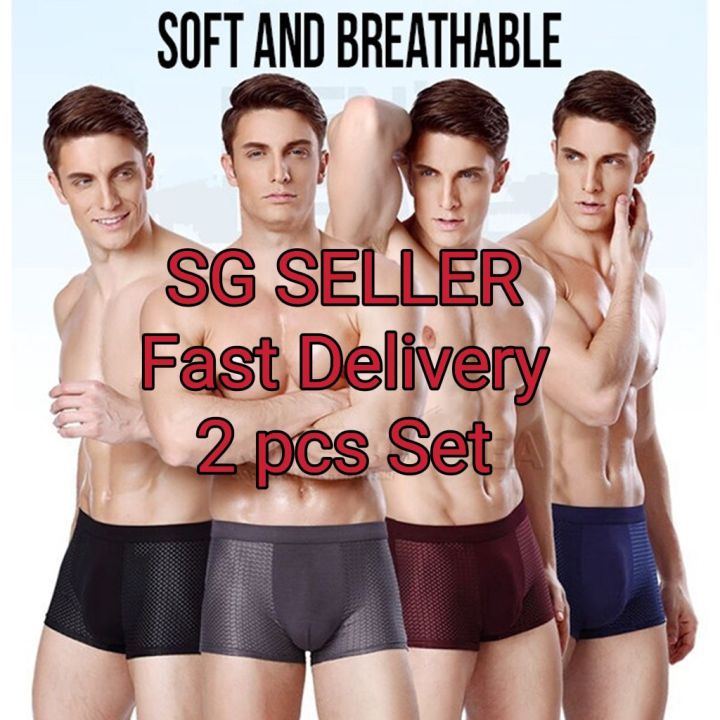 SG SELLER 2pcs Set Ice Silk Men's Underwear Male Briefs Boxer Shorts Man  Underpants Bamboo Fiber Renoma Style