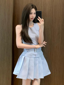 No Brand | ชุดเดรสสีฟ้าสไตล์เกาหลี กระโปรงพลีท ใหม่มาแรง 2025