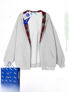 New Trendy Spliced Plaid Hooded Jacket Womens Spring Autumn Winter Fleece Lined Casual American Retro Style Zipper Pocket