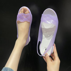 Summer 2025 Womens Soft Sole Plastic Jelly Sandals Anti-Slip Beach Shoes Fish Mouth Design Low Cut Flat Heel Fashionable Hollow out