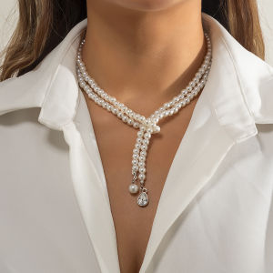 Imitation Pearl Beads Chain with Crystal Pendant Necklace for Women Long Tassels Necklaces 2024 Fashion Jewelry Neck Accessories