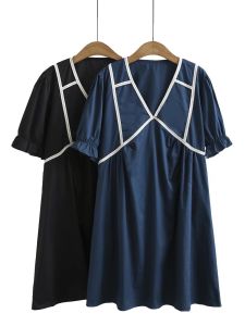 Slimming High Waist Pleated Short Sleeve Dress for plus Size Women Fashionable Korean Style A-Line Skirt V-Neck Midi Dress