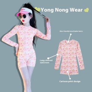 HOBIBEAR ชุดว่ายน้ำเด็กผู้หญิงชุดว่ายน้ำชิ้นเดียวกันแดดแขนยาวพิมพ์ลายเมโลดี้น่ารัก