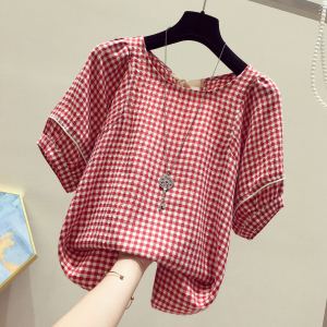 Red Plaid Backless Loose Sleeveless Womens Summer Fashion Top Half Sleeve Cover Belly Shirt Korean Style Commute Wear