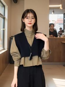 Casual Style Long Sleeve Stand Collar Black Shirt And Short Vest Two Piece Set Womens Fashion Autumn Collection College Wind