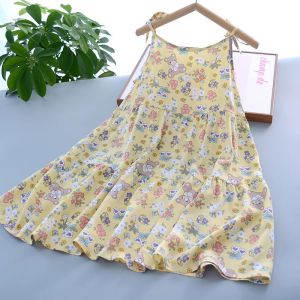 Princess Style Summer Cotton Silk Strap Dress Baby Girls Big Skirt Gown Daily Wear Floral Print Childrens Clothing Kids Dresses