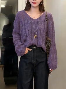 QINGNAER | Cozy Purple Loose Slimming Elegant V-Neck Knit Sweater