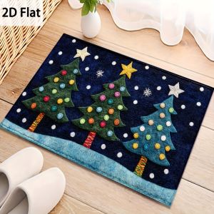 VIKAMA Christmas Tree Doormat Three Colorful Trees Blue Snow Welcome Mat Non Slip Soft Flannel Floor Rug for Front Door Entryway
