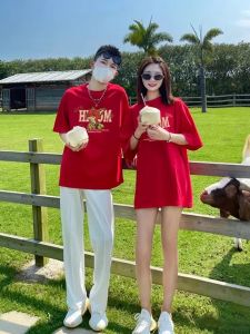 Red Cotton Short Sleeve T-Shirt Couple Set Pure Cotton Mens Nick And Judy 2025 New Summer Wear Casual Loose Fit round Neck Print