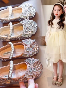 รองเท้าเด็กผู้หญิงทรงเจ้าหญิงคริสตัลฤดูใบไม้ผลิและฤดูใบไม้ร่วง ส้นแบน หัวมน รองเท้าเด็กผู้หญิงแบบสวมหัวกลม
