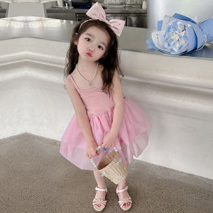 Váy Lưới Mùa Hè Ngọt Ngào Cho Bé Gái Váy Công Chúa Cổ Chữ V Tay Ngắn Váy Midi Cotton Pha Trộn Thời Trang Trẻ Em
