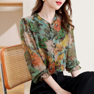 DAIXIANGFEIZI | Floral Chiffon Shirt Long Sleeve
