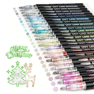Double Line Outline Permanent Marker 12/24Colors Wave Glitter Marker Set Self-Contour Metallic Marker Pens for Art