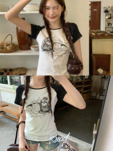 NIHAOKANONG | Áo Thun Tay Ngắn In Hình Vẽ Mèo Chó Vintage Ôm Body Cổ Đơn