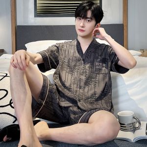 Mens Summer Sleepwear Pure Cotton Short Sleeve Open Cardigan Casual Set Loose Home Clothes V-neck Home Suit Youth Style