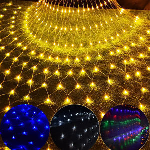 LED Net Lights Outdoor Mesh String Lights Warm White Fairy Grid Garland for Garden Fence Patio Holiday Party Decor