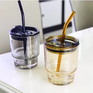 Ly Thủy Tinh Gorgous 350ml Có Ống Hút Đi Kèm – Nắp Kín Chống Tràn Bao Da Cách Nhiệt Sang Trọng