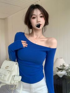 High-End Slim Fit Blue Long Sleeve T-Shirt for Women Elegant French Style Open Line Decoration Macaroon Pure Color Macaroon Slim Fit T-Shirt
