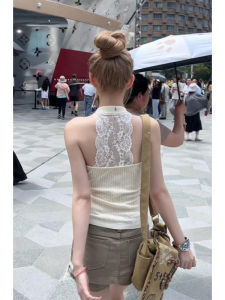 YUEZHONGWEI | White V-neck Knitted Strap Vest Women Summer Outdoor Wear Slim Fit Short Back Hollow Out Lace Splicing Top