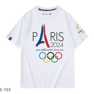 2024 Paris Olympic Games T-shirt Emblem Same Style Short-Sleeved T-shirt Pure Cotton Men and Women Loose Couple Student Clothes Half Sleeve