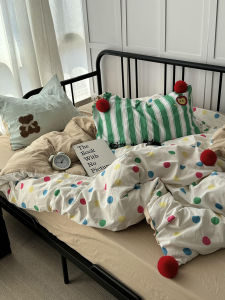 Korean Style Cat Embroidery Washed Cotton Ball Three Piece Set Cute Butterfly Bow Four Piece Bedding Set Soft Polyester Filling