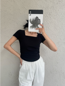 American Style Hot Girl Black Square Collar Short Sleeve T-Shirt Women Summer Design Gathered Waist Exposed Navel Short Style Hot Girl Top