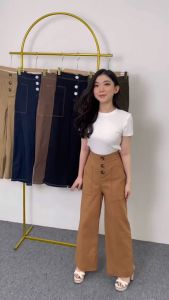 Celana kulot wanita bahan cotton stretch twill model kancing tiga depan