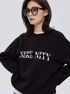 Double Layer Letter Printed Round Collar Womens Pullover Hoodie