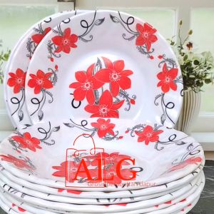 12PCS PIRING BESAR 23CM CEKUNG MELAMIN MOTIF KEMBANG BINTAN PINK ANTI KELOPEK TAHAN PANAS